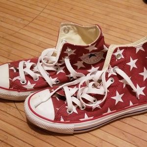 Red and white converse high tops